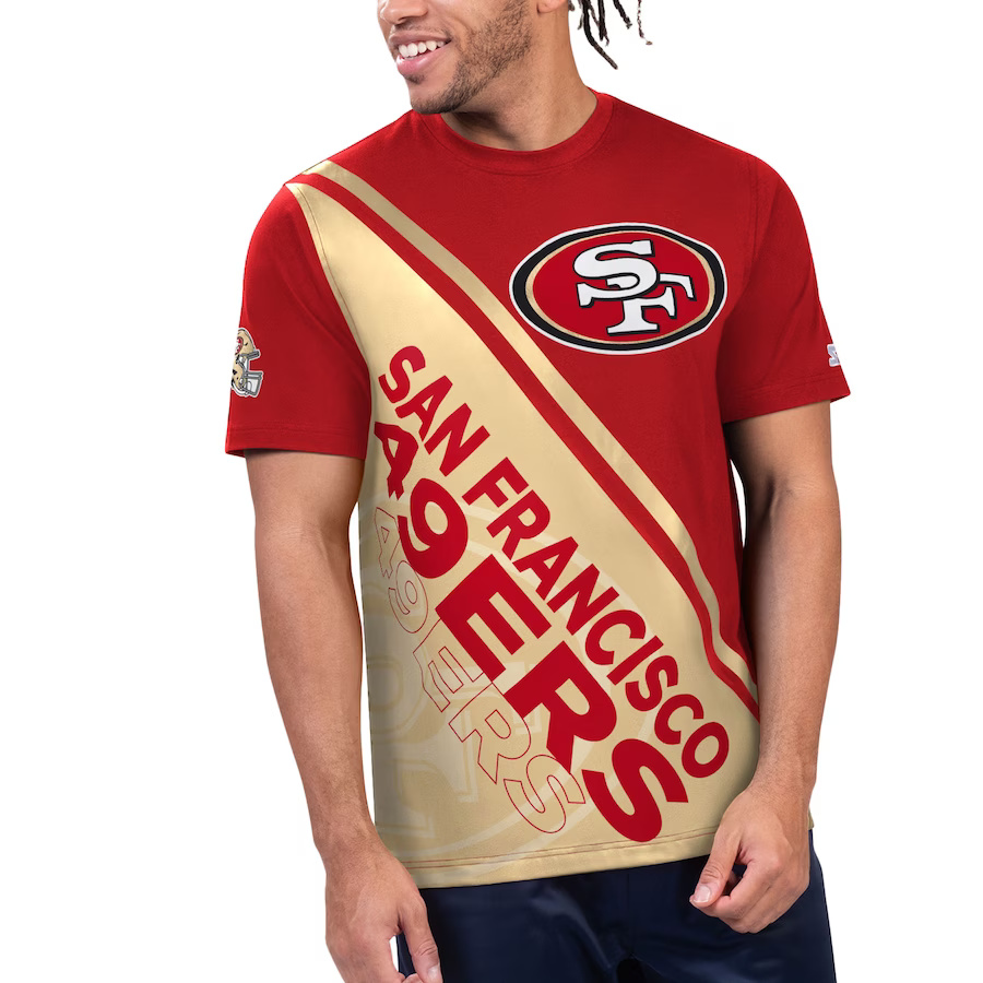 Men's San Francisco 49ers Scarlet/Gold Starter Finish Line T-Shirt - Click Image to Close